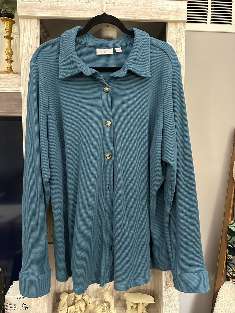 Belle by Kim Gravel Teal Button-Up Ribbed Knit Top
